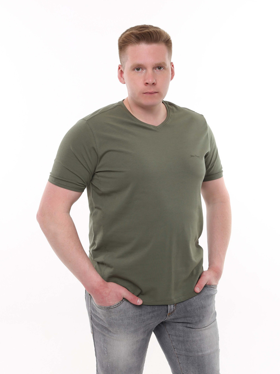 Футболка мужская хаки с мысом однотонная стрейчевая  8108-3