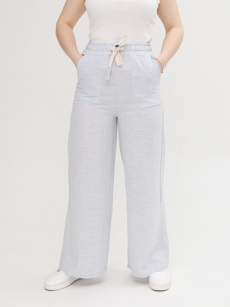 Штани жіночі блакитні в літні смужку з гумкою на поясі 807