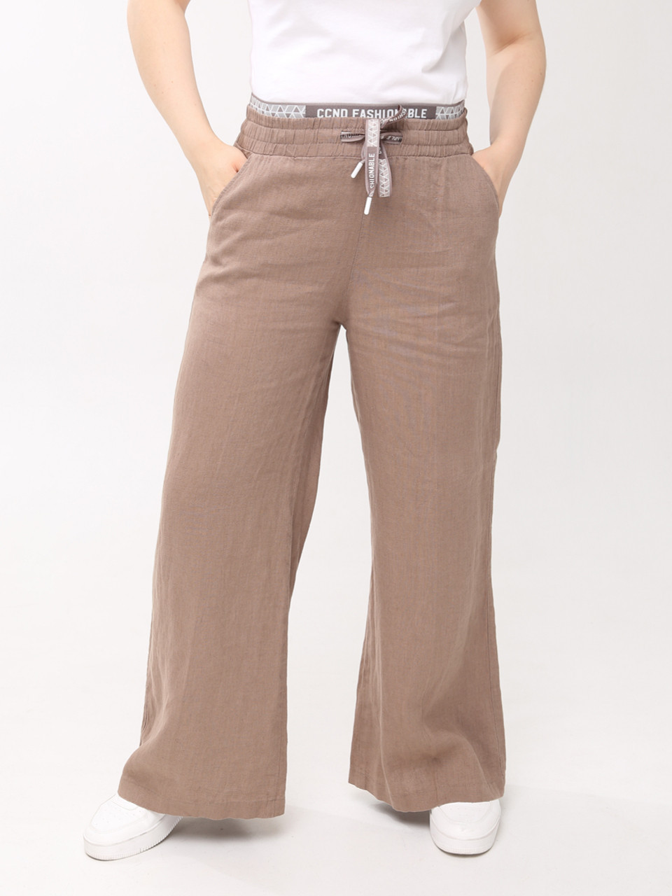 Брюки женские палаццо коричневые льняные летние большой размер  2225-B-5