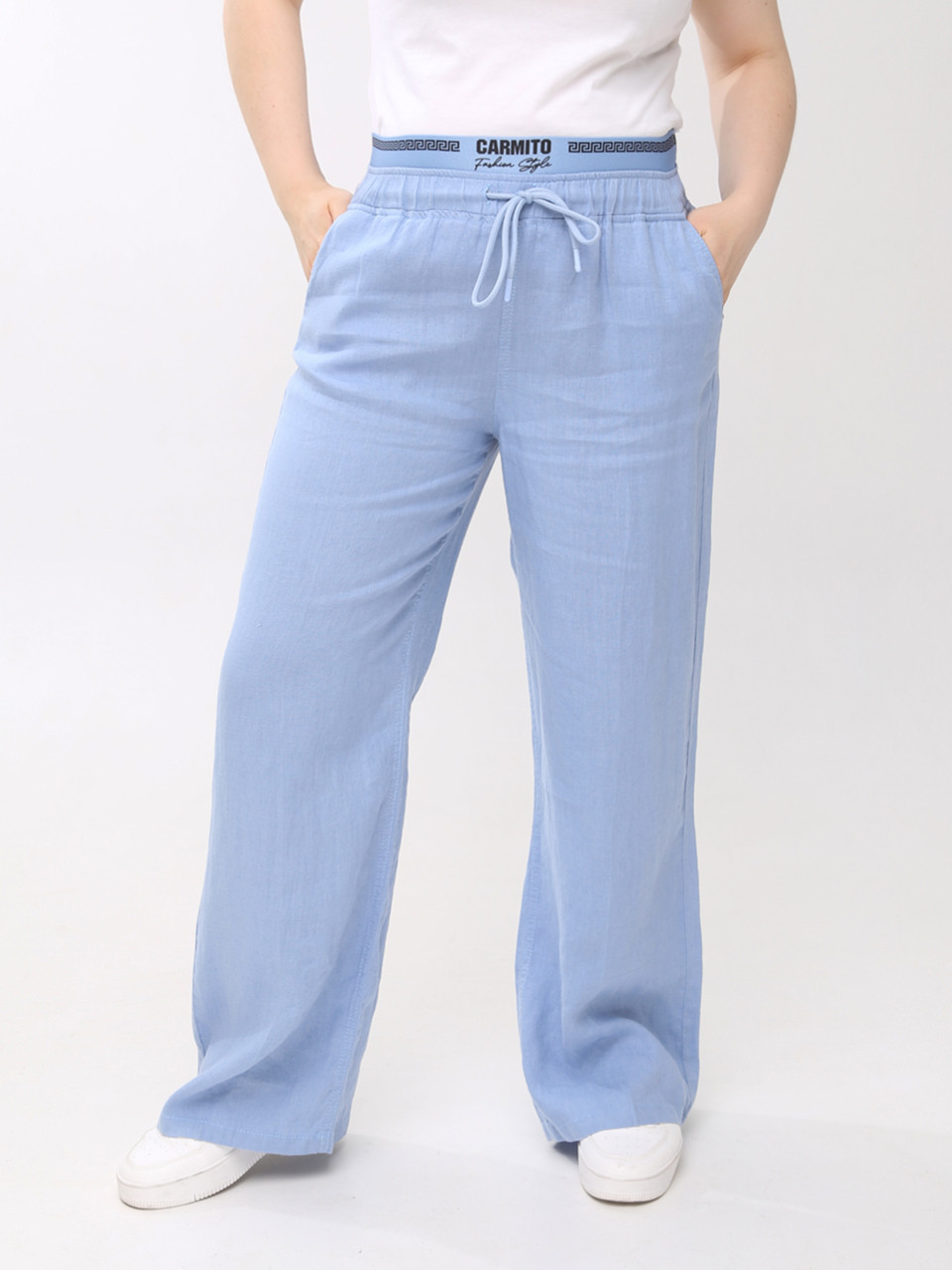 Брюки женские голубые палаццо льняные с резинкой на поясе 20224-B-4