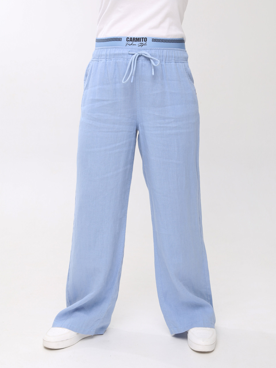 Брюки женские голубые палаццо льняные с резинкой на поясе 20224-B-4