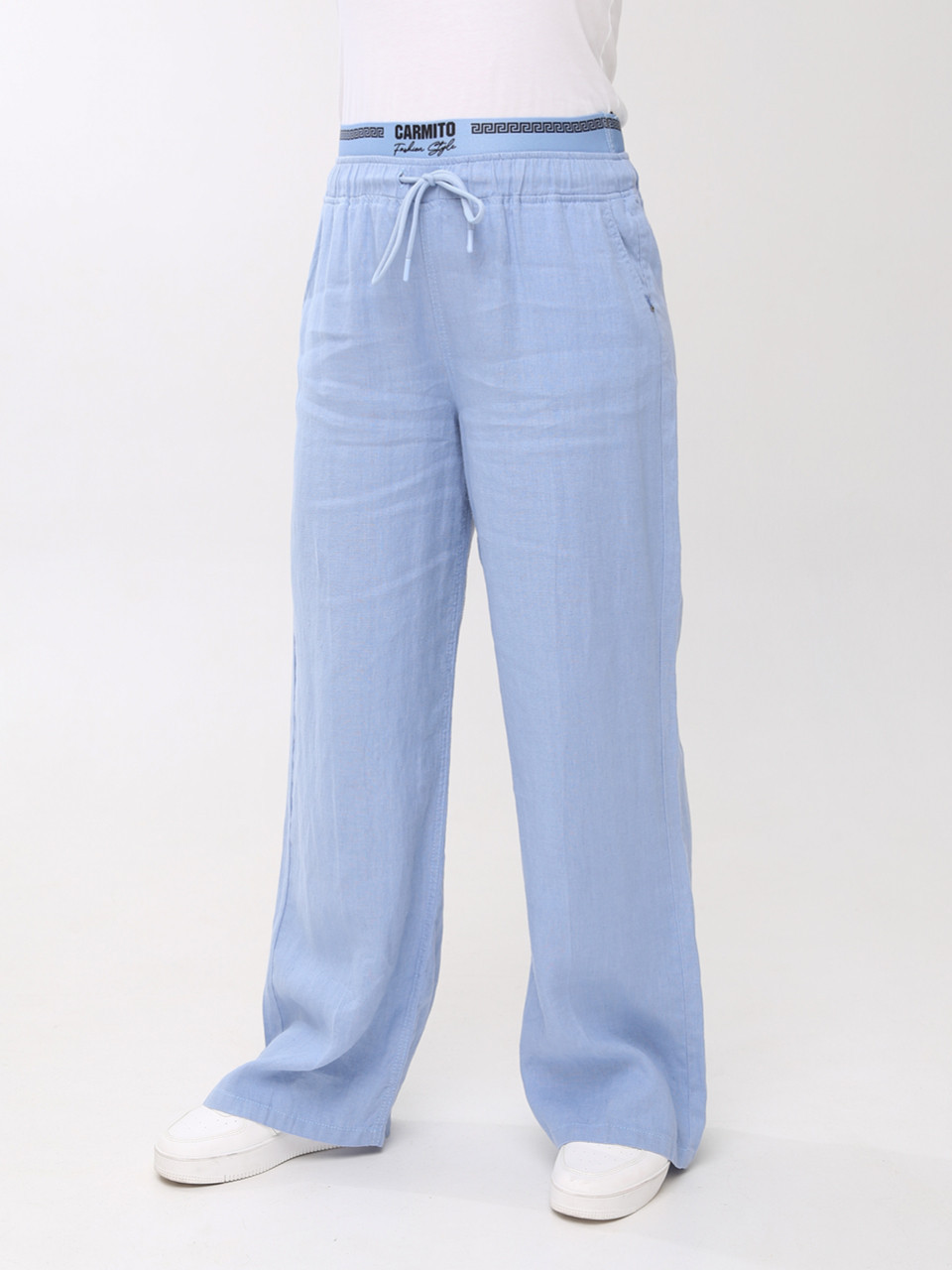 Брюки женские голубые палаццо льняные с резинкой на поясе 20224-B-4