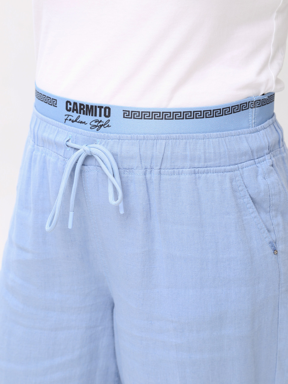 Брюки женские голубые палаццо льняные с резинкой на поясе 20224-B-4