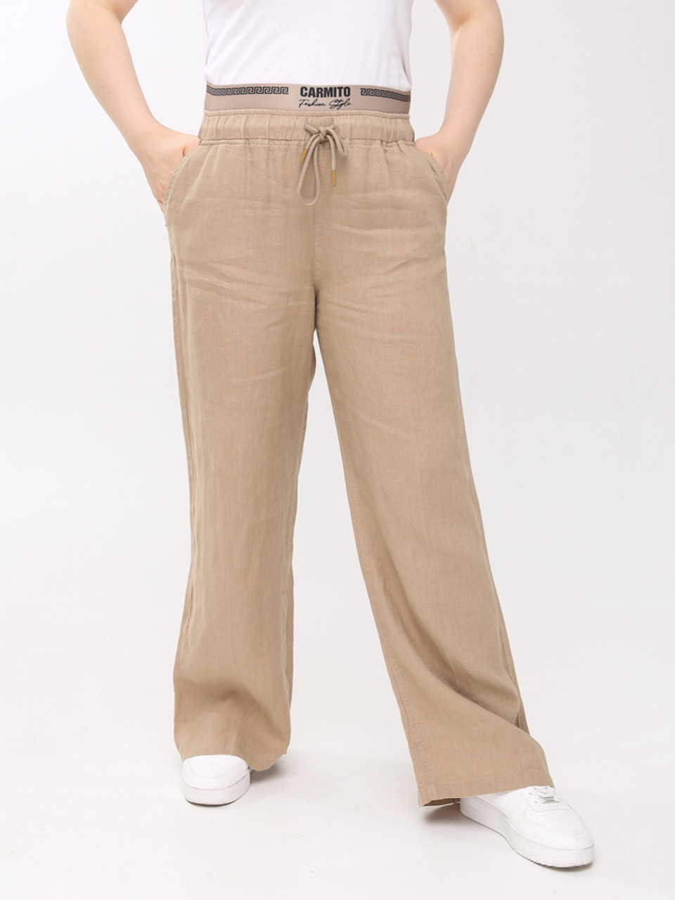 Брюки женские коричневые палаццо льняные с резинкой на поясе 20224-B-6