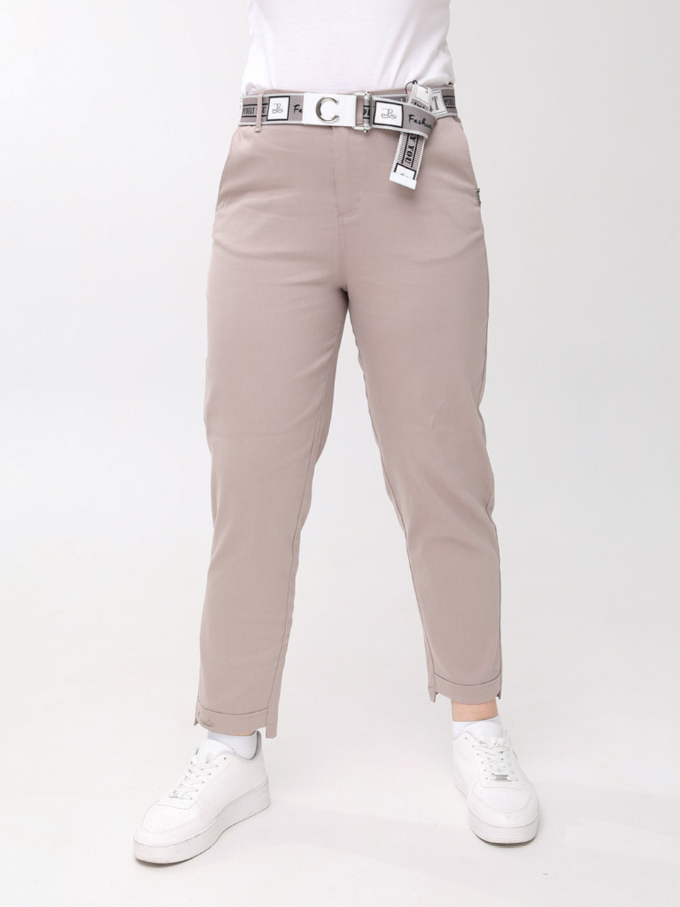 Брюки женские бежевые прямые МОМ летние большой размер  20173-В-2