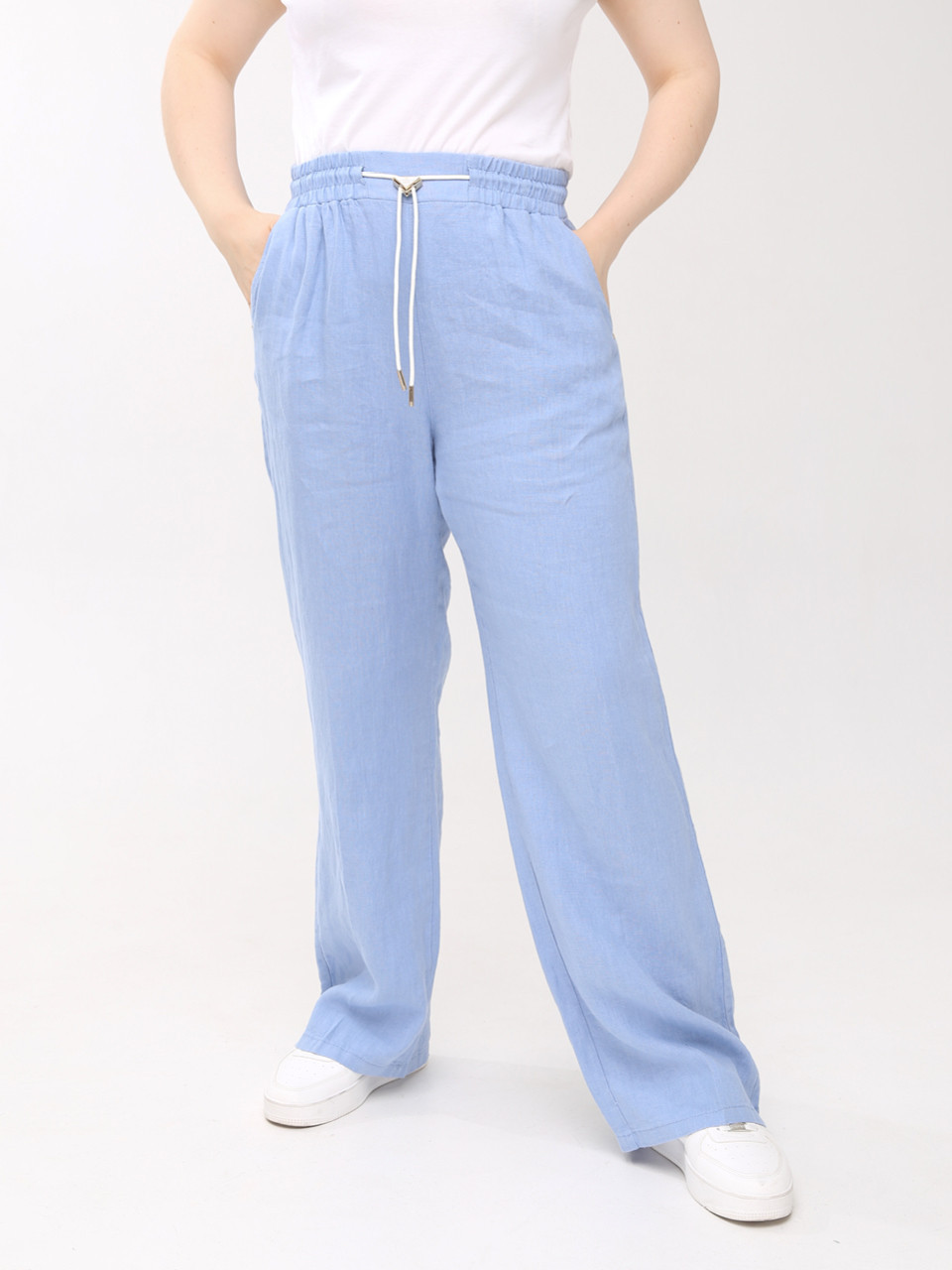 Штани жіночі блакитні літні лляні великий розмір 1370-B-4