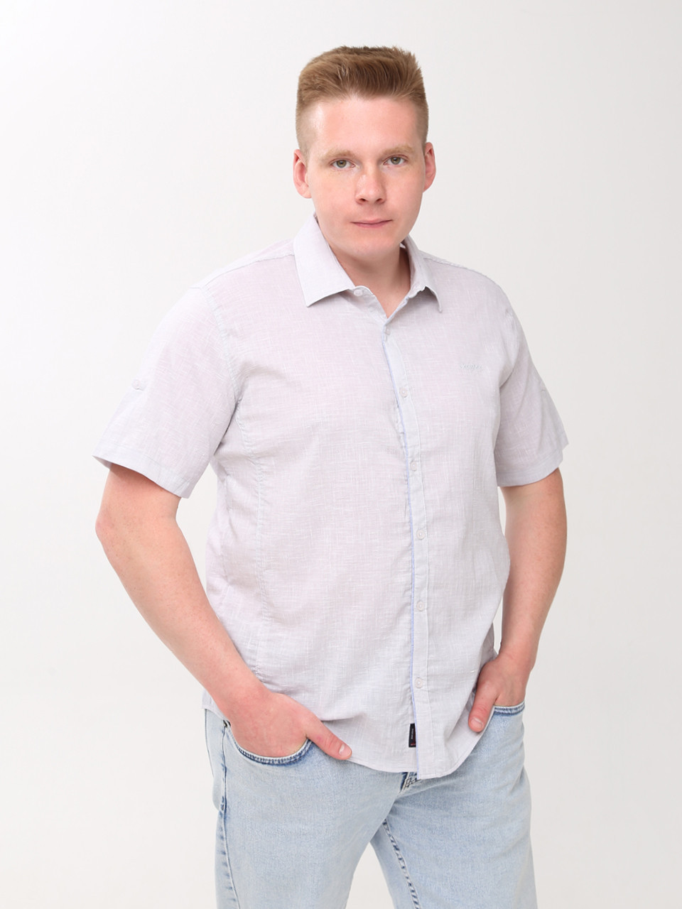Сорочка чоловіча біло-сіра тонка короткий рукав 6504-3
