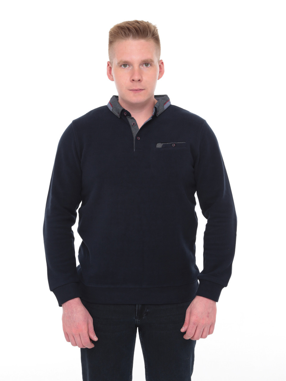 Поло мужское темно-синее длинный рукав однотонное 9124-1