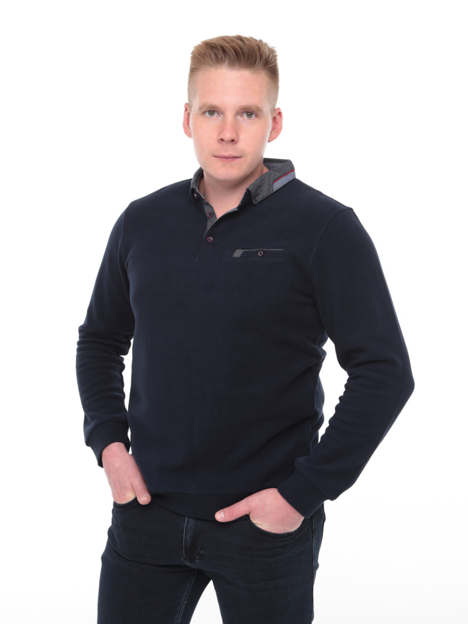 Поло мужское темно-синее длинный рукав однотонное 9124-1