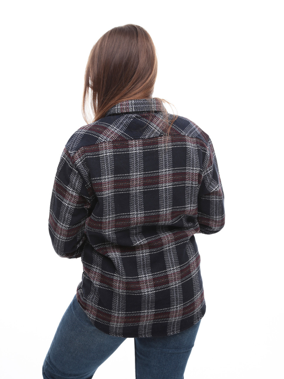 Рубашка женская темно-синяя в клетку байковая теплая 1712-2-w