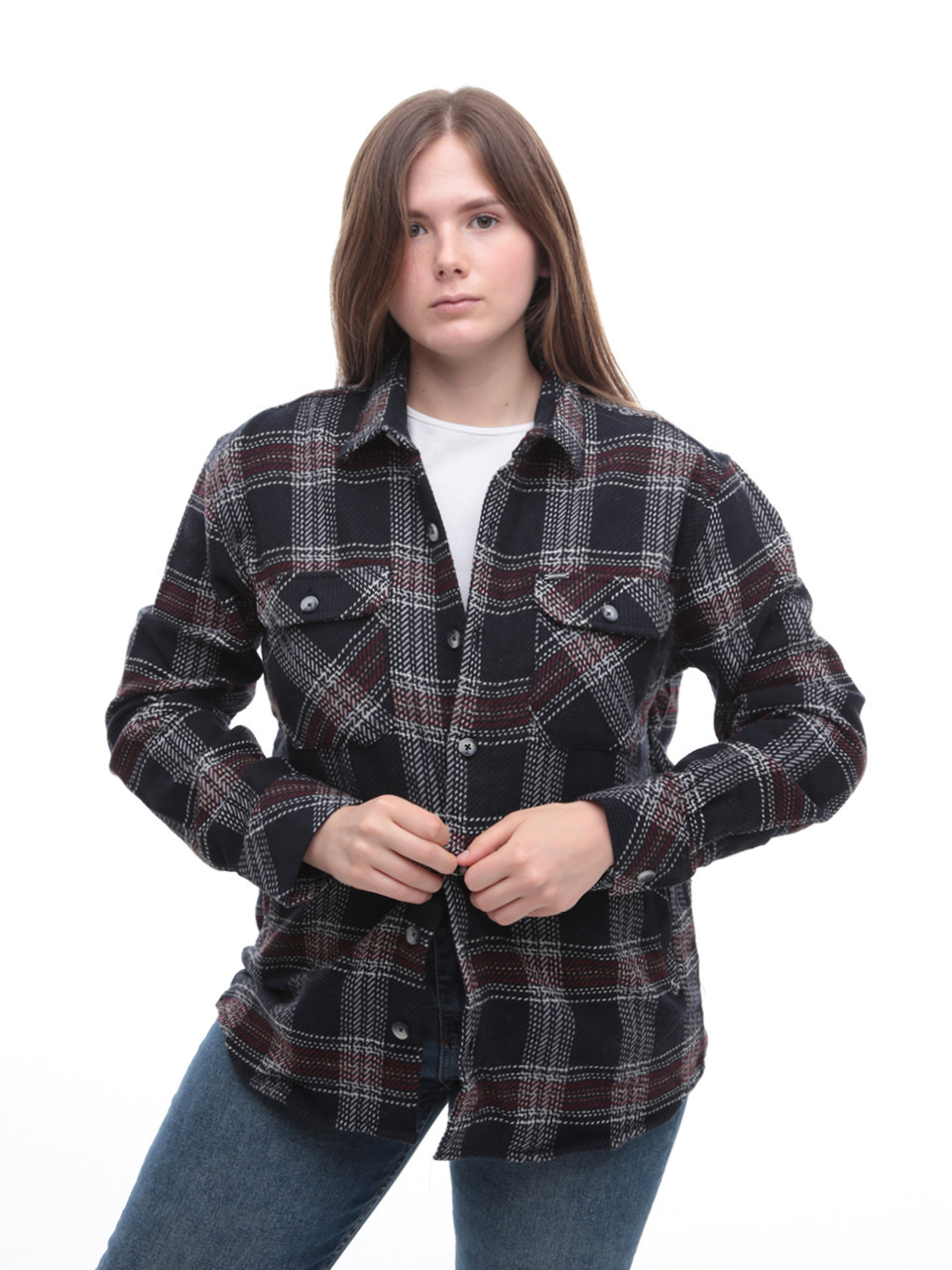 Рубашка женская темно-синяя в клетку байковая теплая 1712-2-w