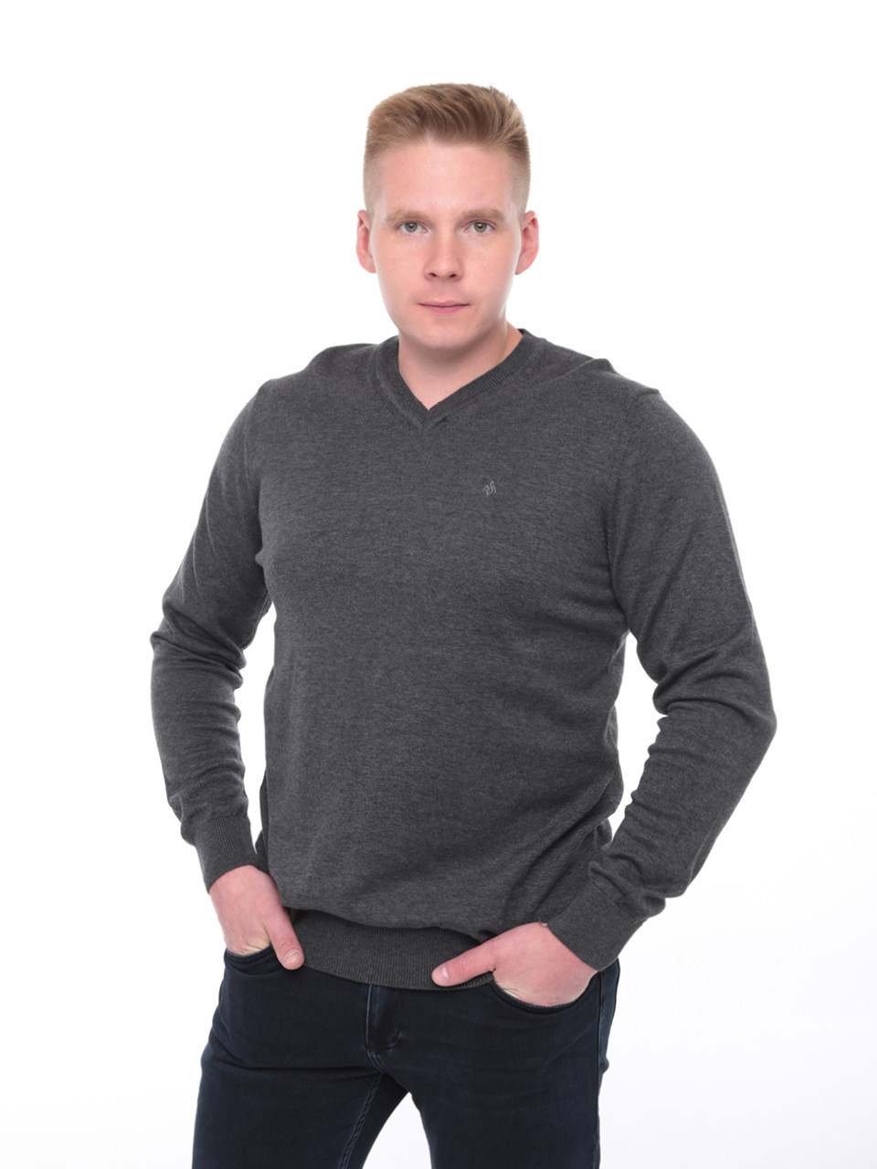 Светр чоловічий сірий тонкий комір мис 101-4-2-V
