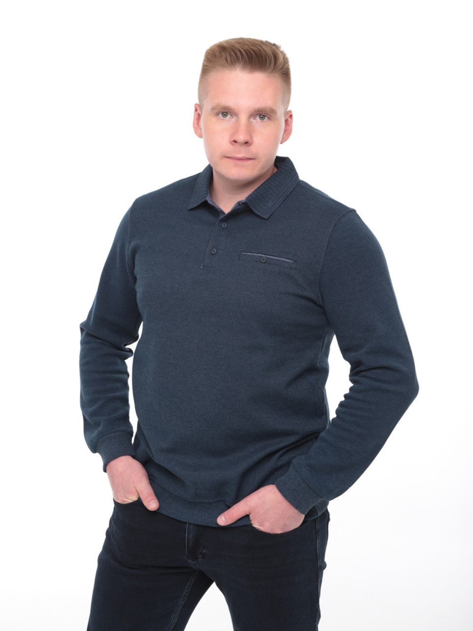 Поло чоловіче синє щільне з довгим рукавом 9119-1