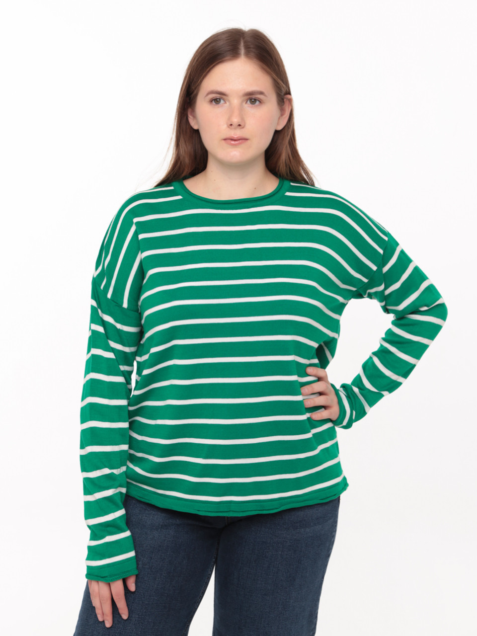 Светр жіночий зелений в смужку тонкий вільний 10293-1-Т