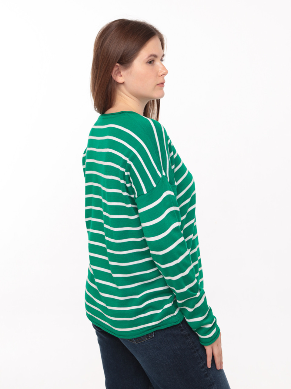 Светр жіночий зелений в смужку тонкий вільний 10293-1-Т