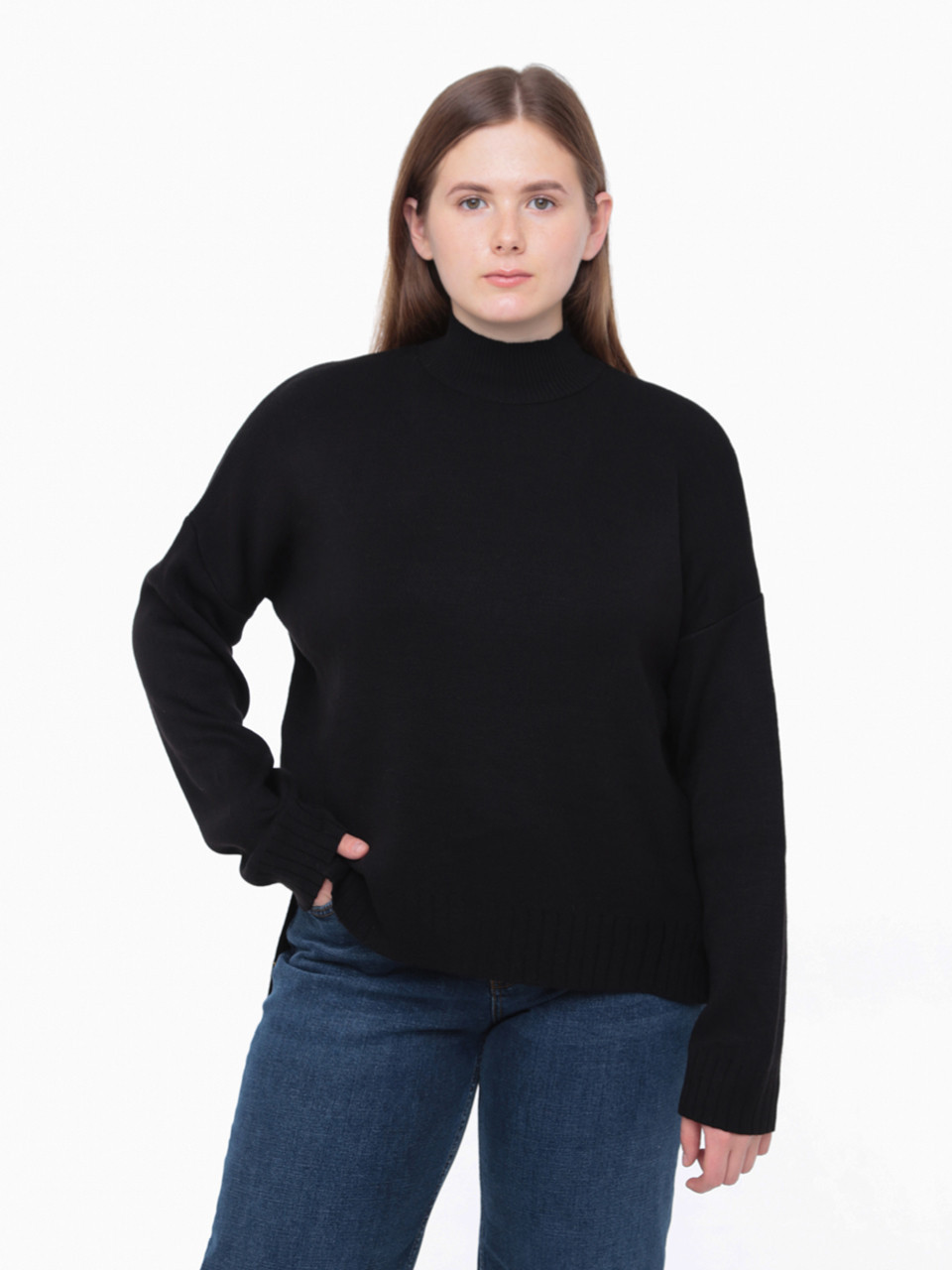 Светр жіночий чорний вільний з коміром 10866-3