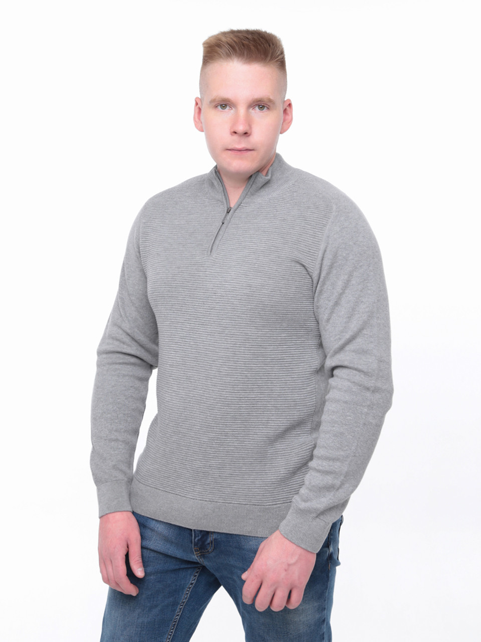 Светр чоловічий сірий приталений з коміром на блискавці 1414-3