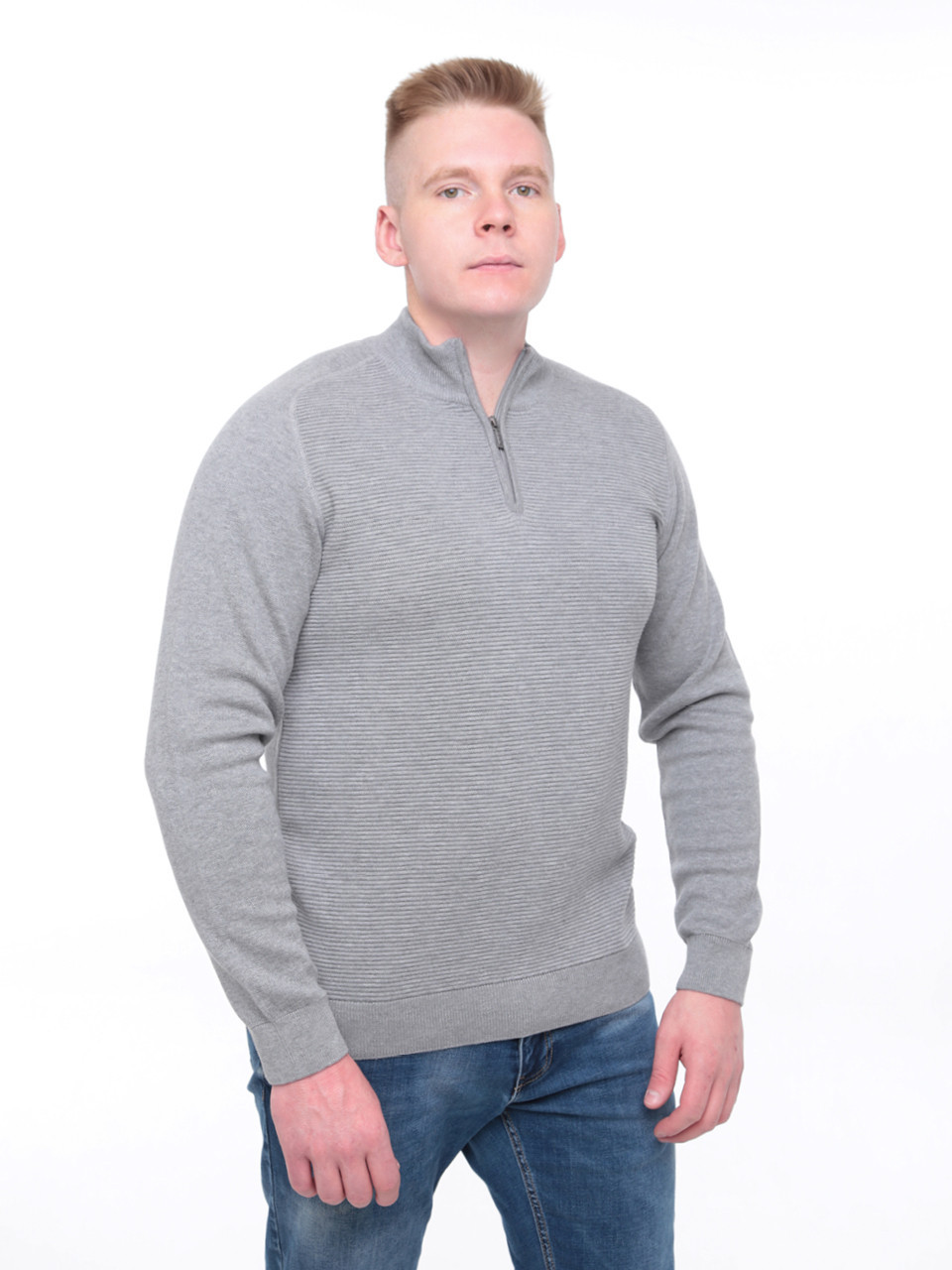Светр чоловічий сірий приталений з коміром на блискавці 1414-3