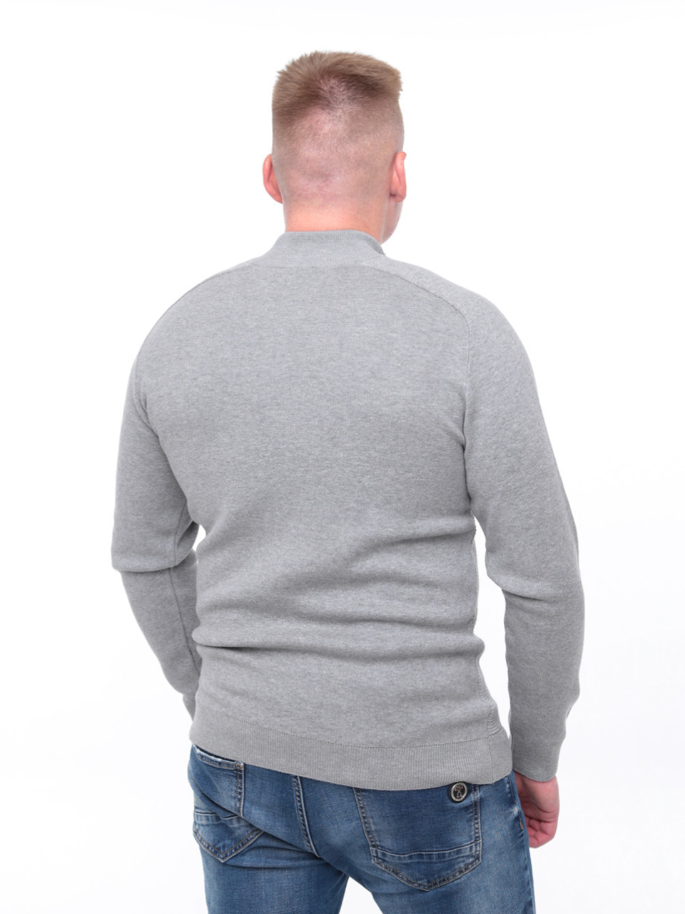 Светр чоловічий сірий приталений з коміром на блискавці 1414-3