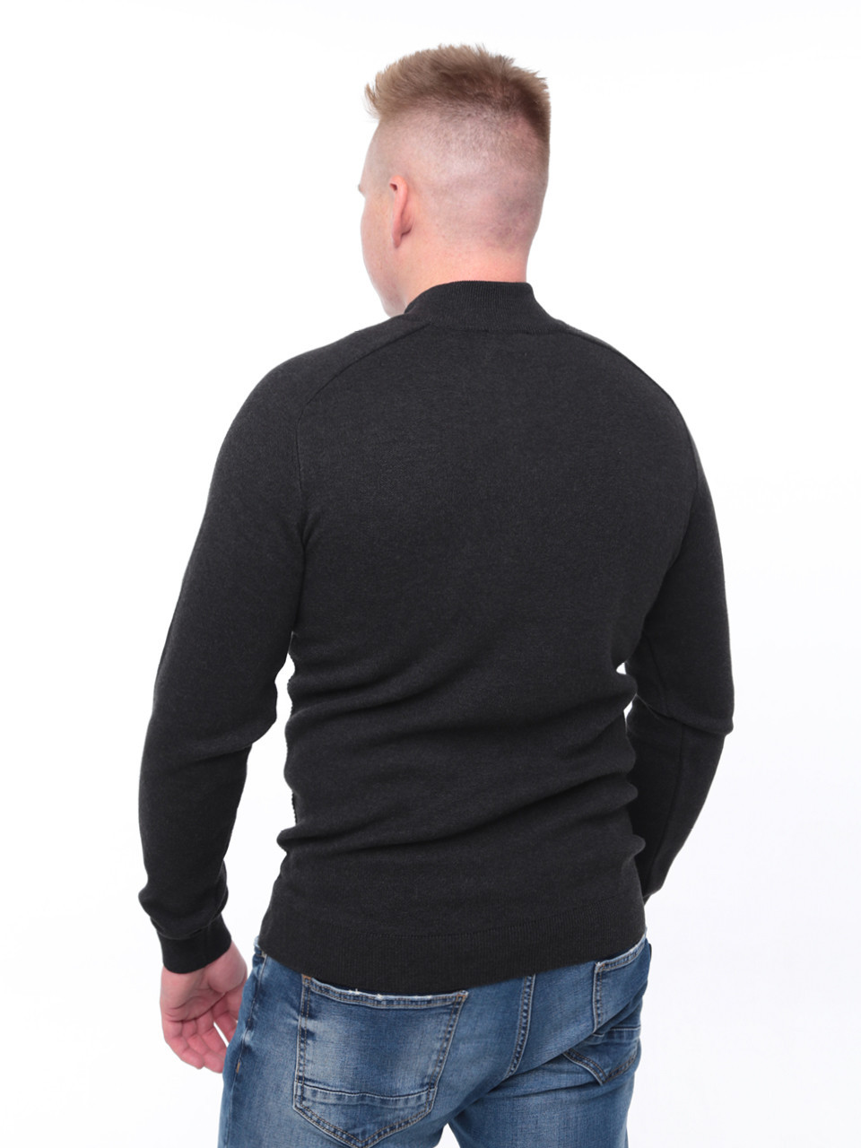 Светр чоловічий темно-сірий приталений з коміром на блискавці 1414-4