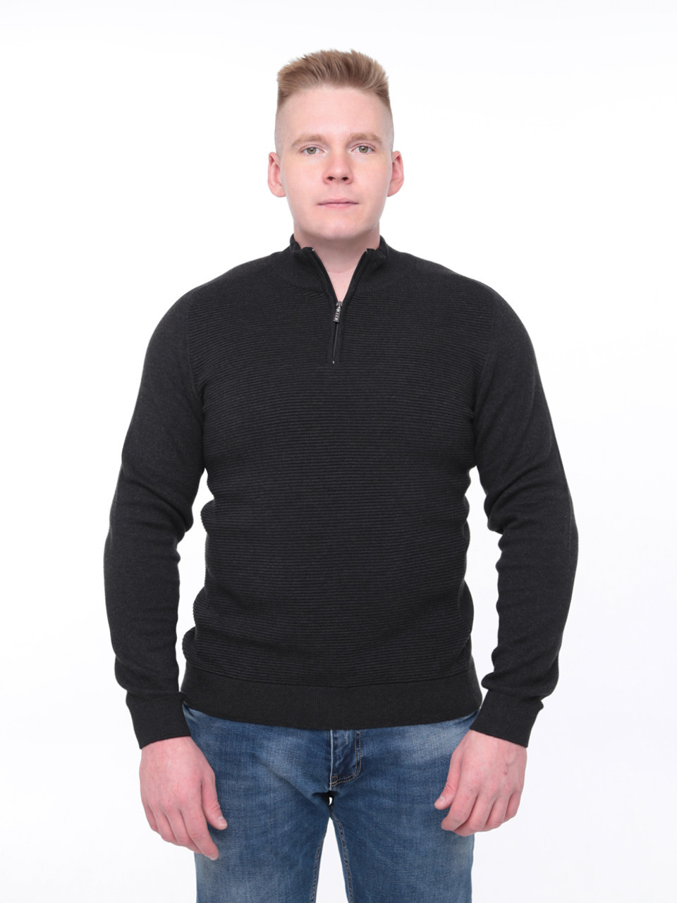 Светр чоловічий темно-сірий приталений з коміром на блискавці 1414-4