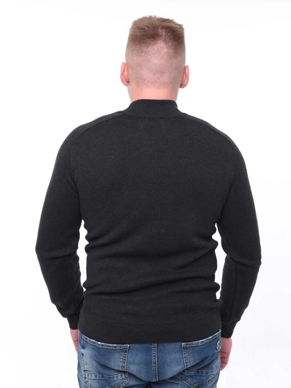 Светр чоловічий темно-сірий приталений з коміром на блискавці 1414-4