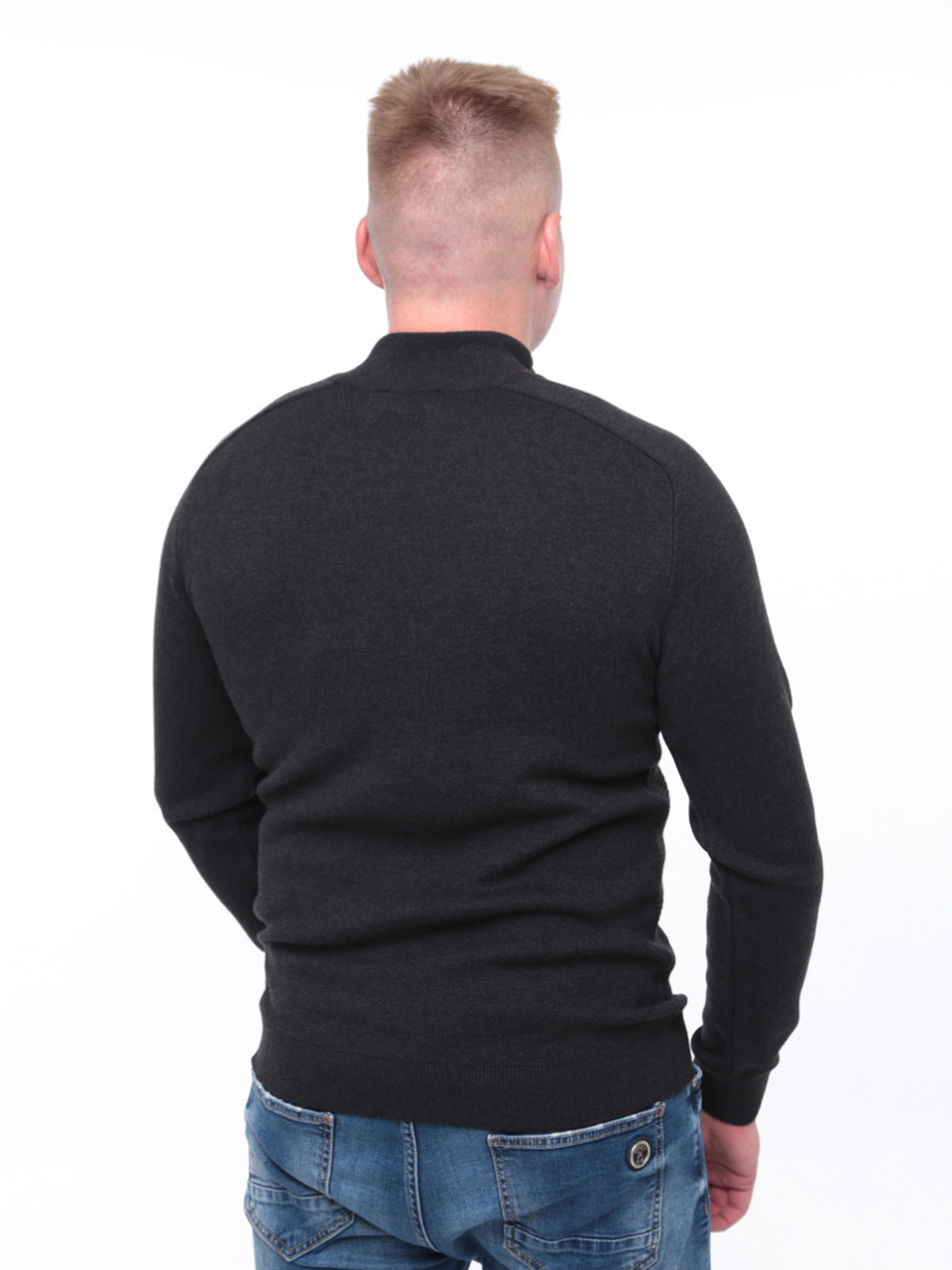 Светр чоловічий темно-сірий приталений з коміром на блискавці 1414-4