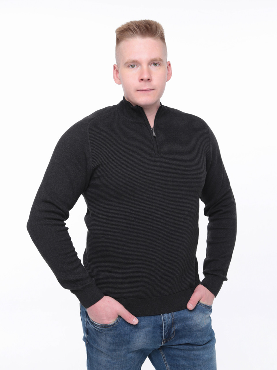 Светр чоловічий темно-сірий приталений з коміром на блискавці 1414-4