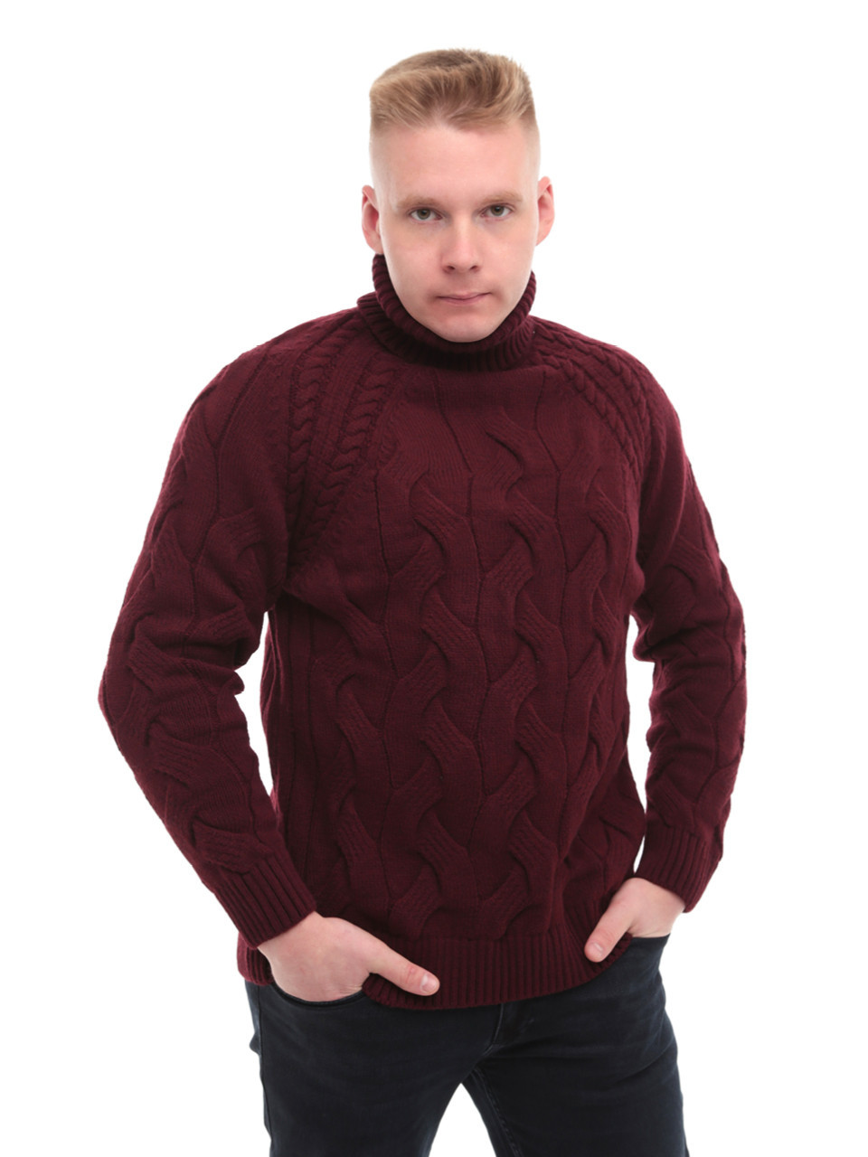 Свитер мужской бордовый вязанный зимний с воротом 230-519-7