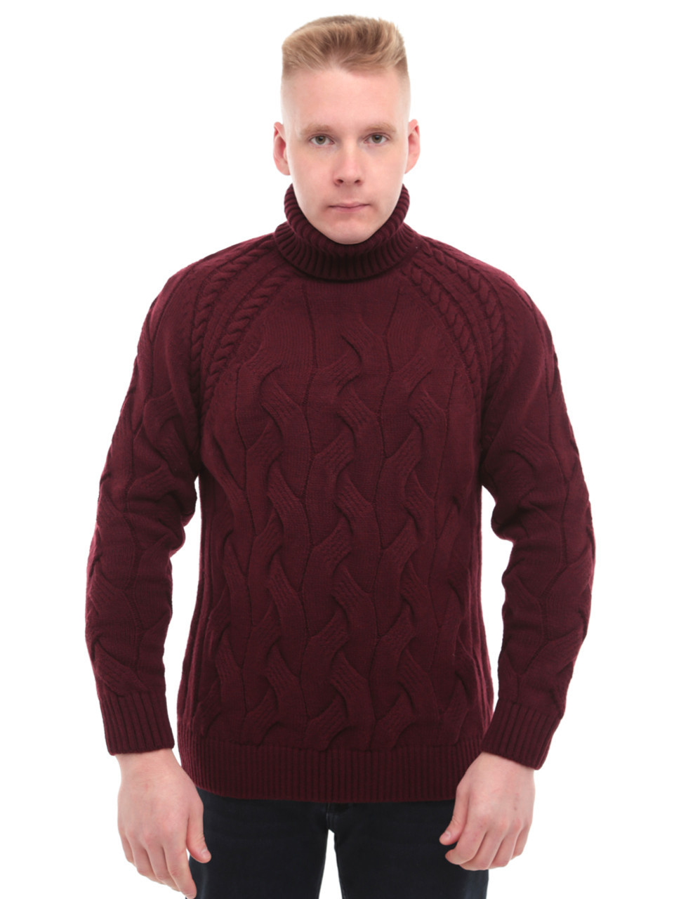 Свитер мужской бордовый вязанный зимний с воротом 230-519-7