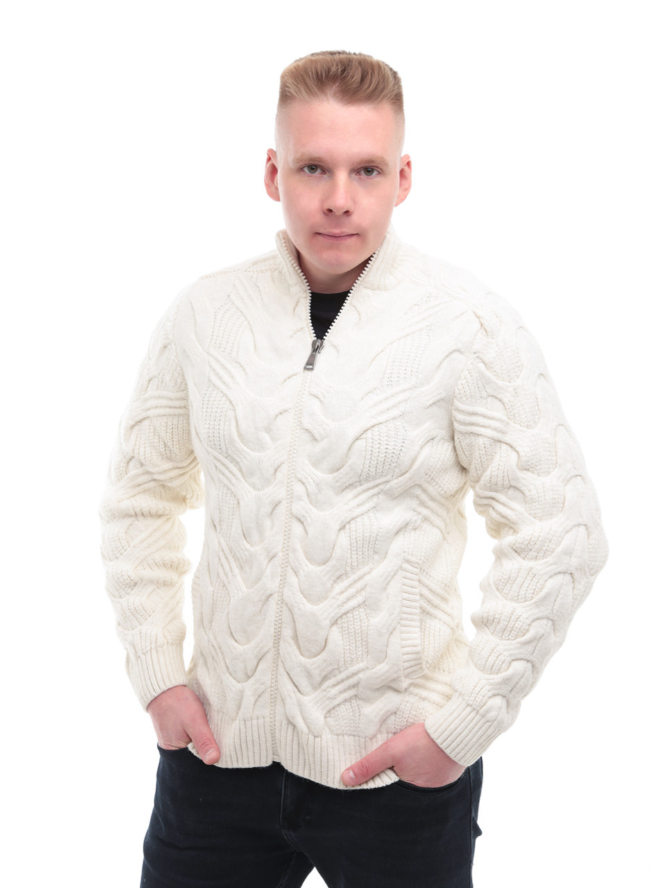 Свитер мужской белый зимний вязаный на молнии 230-608-2