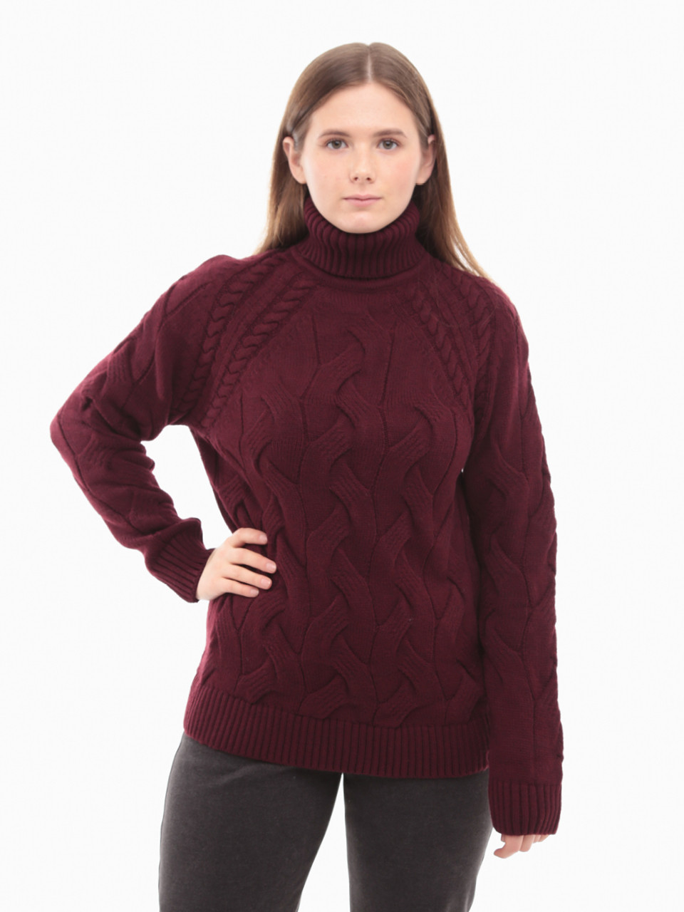 Свитер женский бордовый вязаный зимний с горлом 230-519-7-w