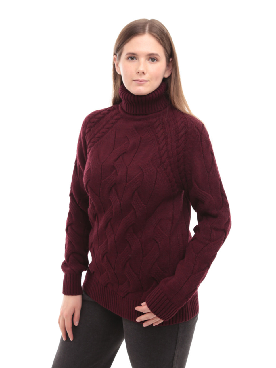 Свитер женский бордовый вязаный зимний с горлом 230-519-7-w