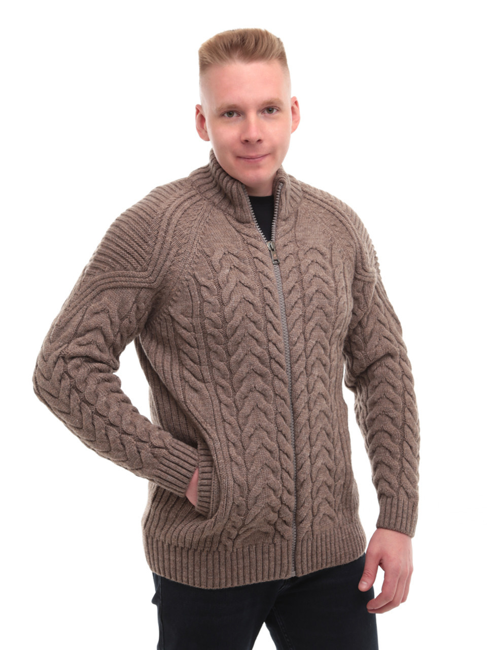 Свитер мужской бежевый на молнии зимний с воротом 230-321-3
