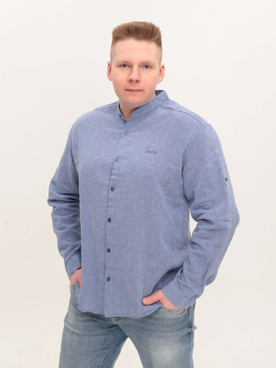 Рубашка мужская льняная синяя длинный рукав большой размер  8420-B-1