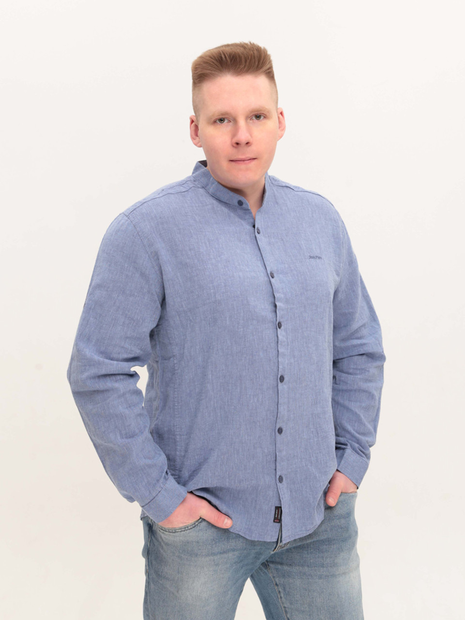 Рубашка мужская льняная синяя длинный рукав большой размер  8420-B-1