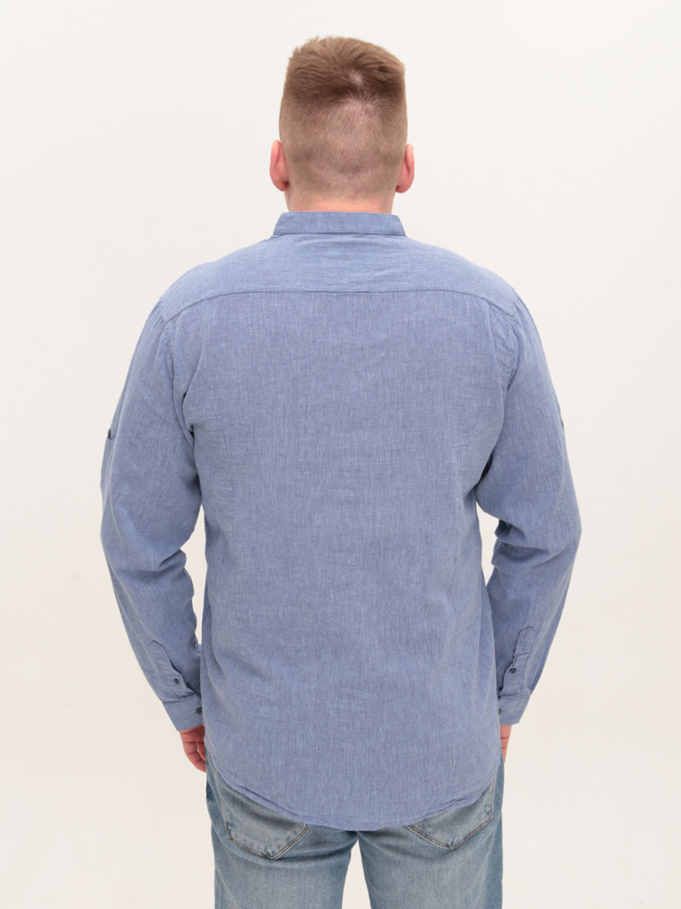 Рубашка мужская льняная синяя длинный рукав большой размер  8420-B-1
