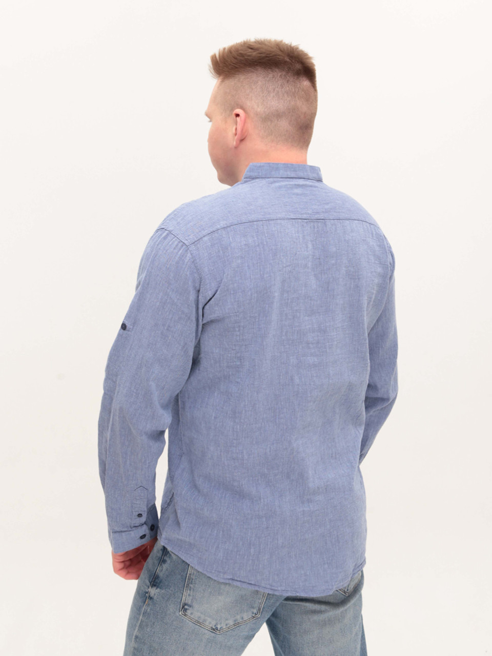 Рубашка мужская льняная синяя длинный рукав большой размер  8420-B-1