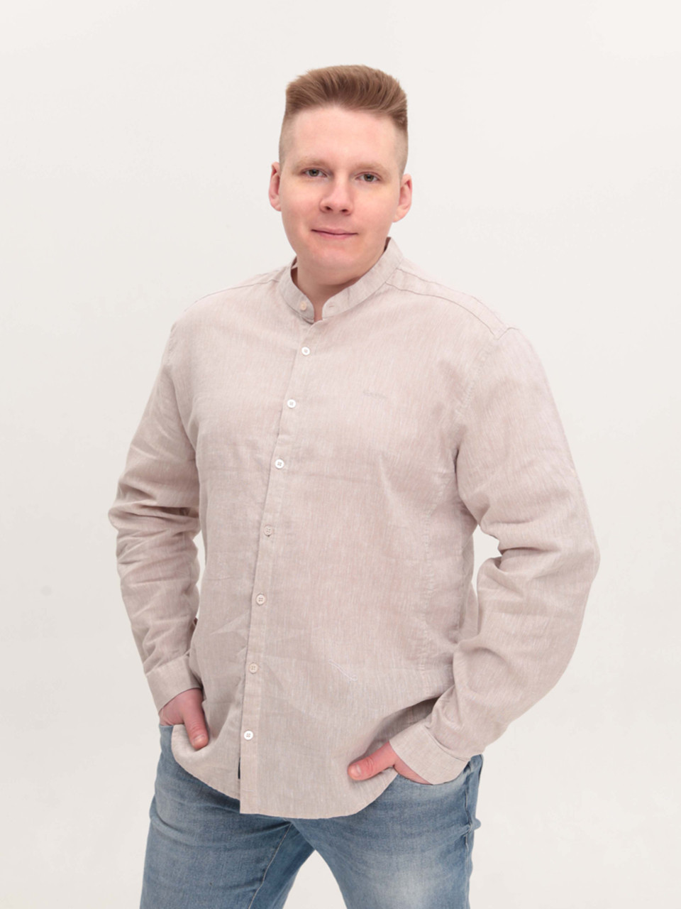 Сорочка чоловіча бежева лляна довгий рукав великий розмір 8420-B-2