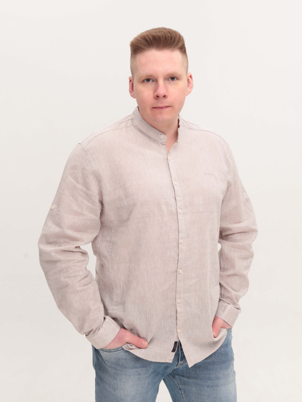Сорочка чоловіча бежева лляна довгий рукав великий розмір 8420-B-2