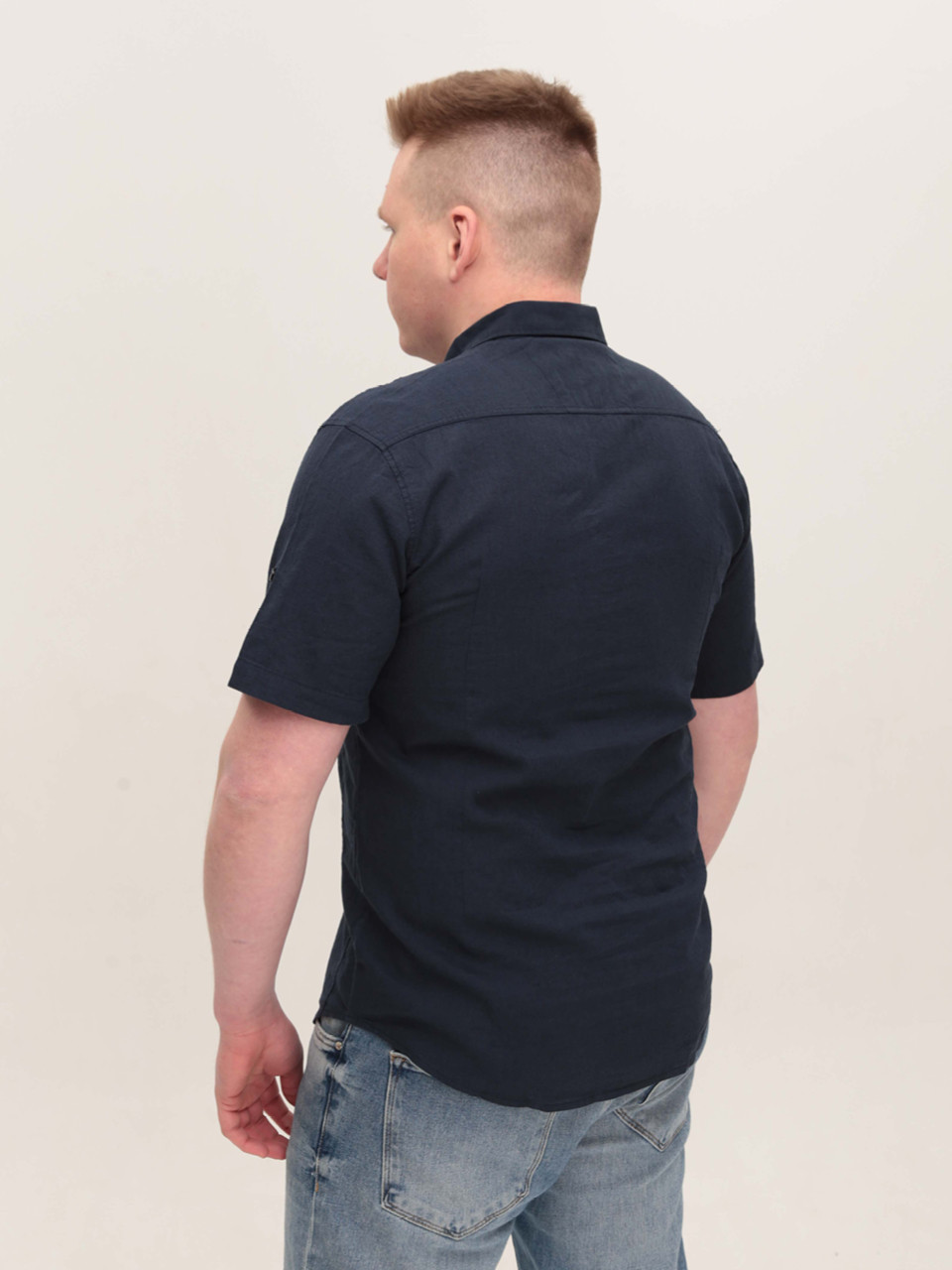 Сорочка чоловіча лляна темно-синя короткий рукав 2403-8