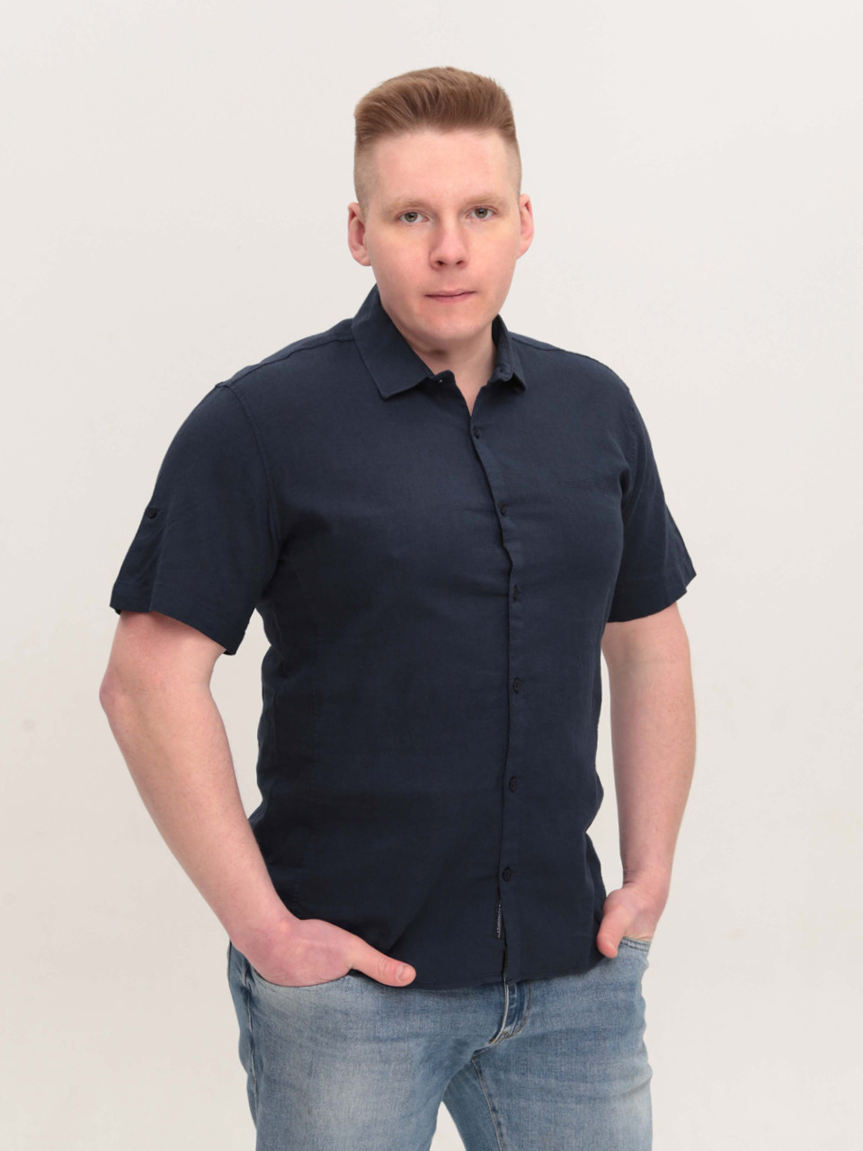 Сорочка чоловіча лляна темно-синя короткий рукав 2403-8