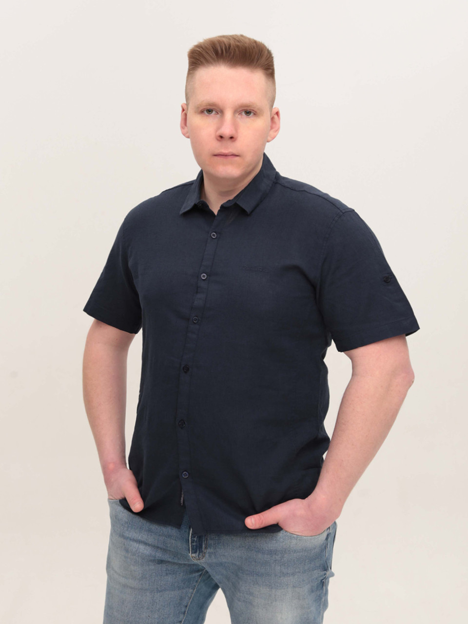 Сорочка чоловіча лляна темно-синя короткий рукав 2403-8