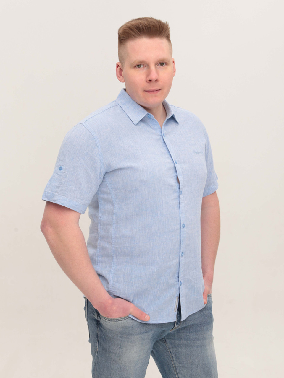 Сорочка чоловіча лляна блакитна короткий рукав 2403-9