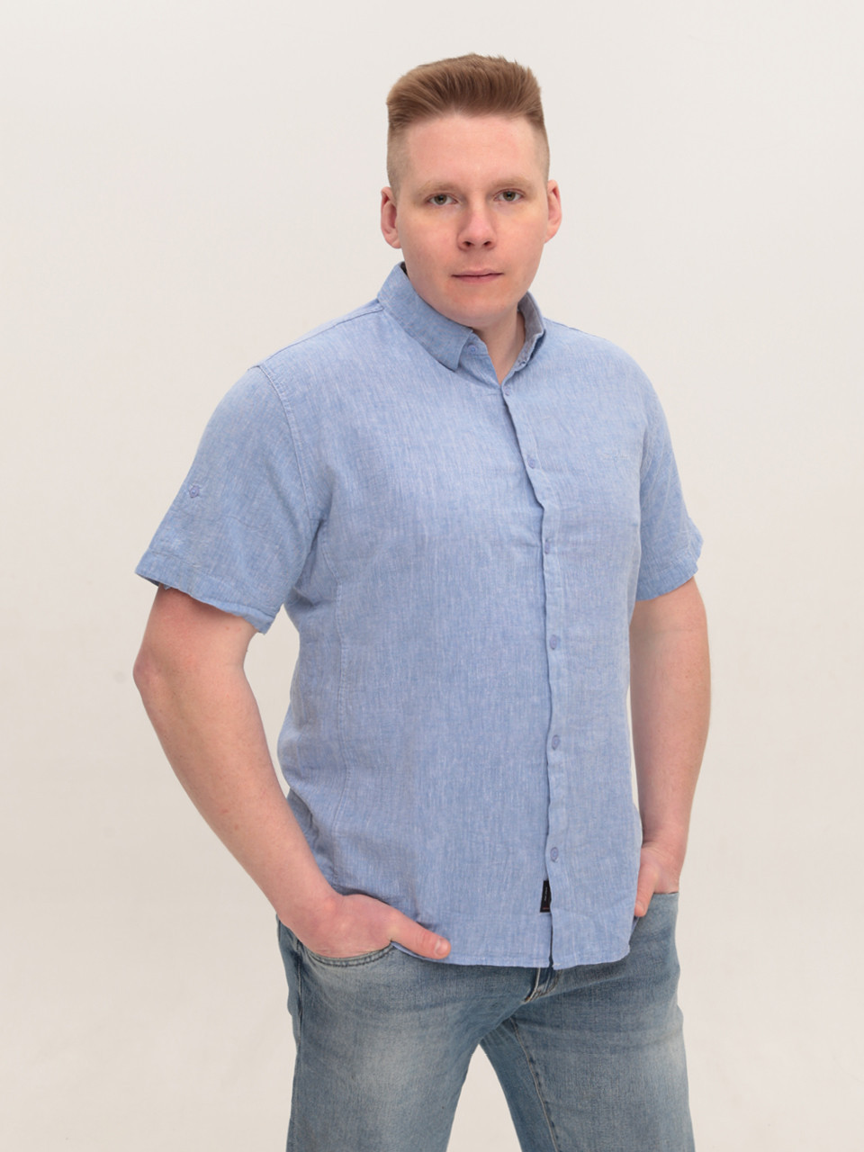 Сорочка чоловіча світло-синя лляна короткий рукав 6503-3