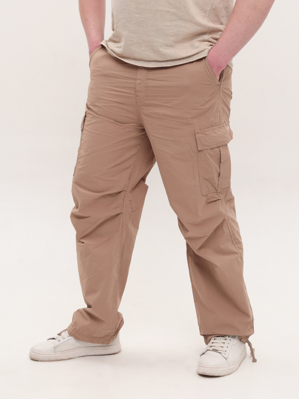 Штаны мужские бежевые широкие карго тонкие с карманами 8173-4