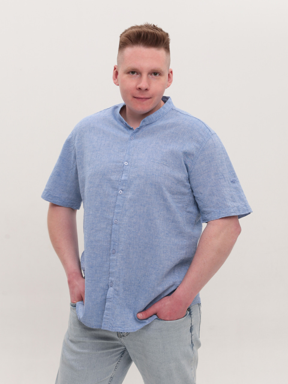 Сорочка чоловіча синя пряма лляна великий розмір 6529-B-3