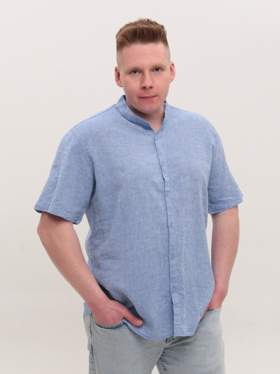 Сорочка чоловіча синя пряма лляна великий розмір 6529-B-3