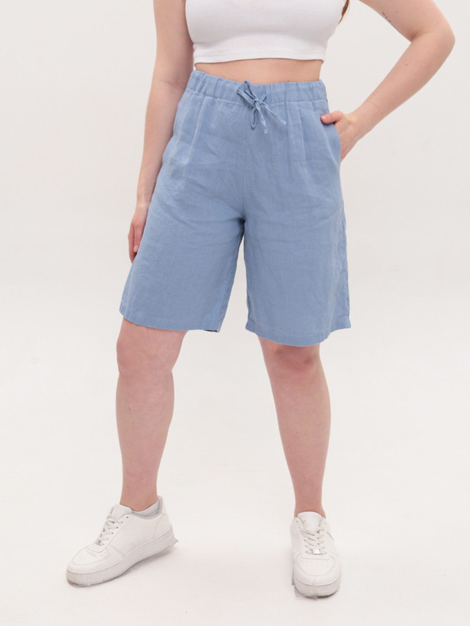 Шорты женские голубые льняные удлиненные на резинке 604-2