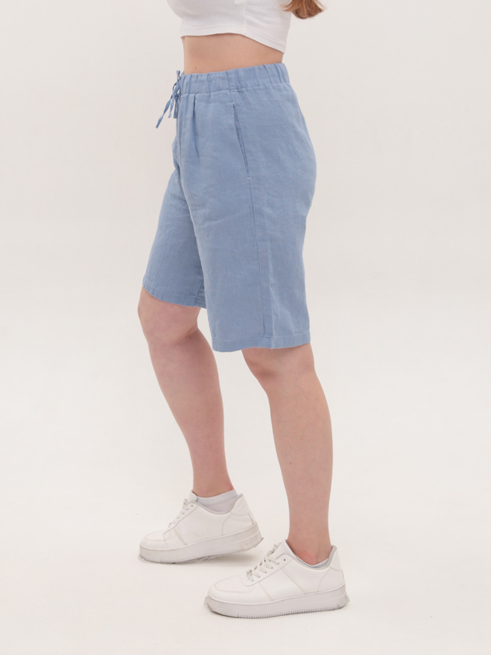 Шорты женские голубые льняные на резинке большие размеры 604-B-2